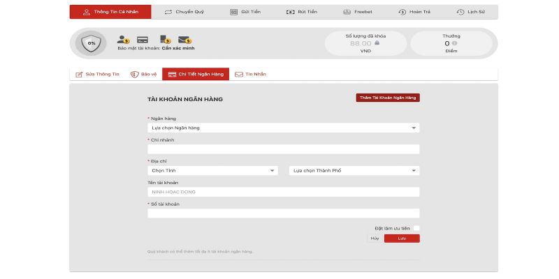Biểu mẫu liên kết ngân hàng rút tiền VN88
